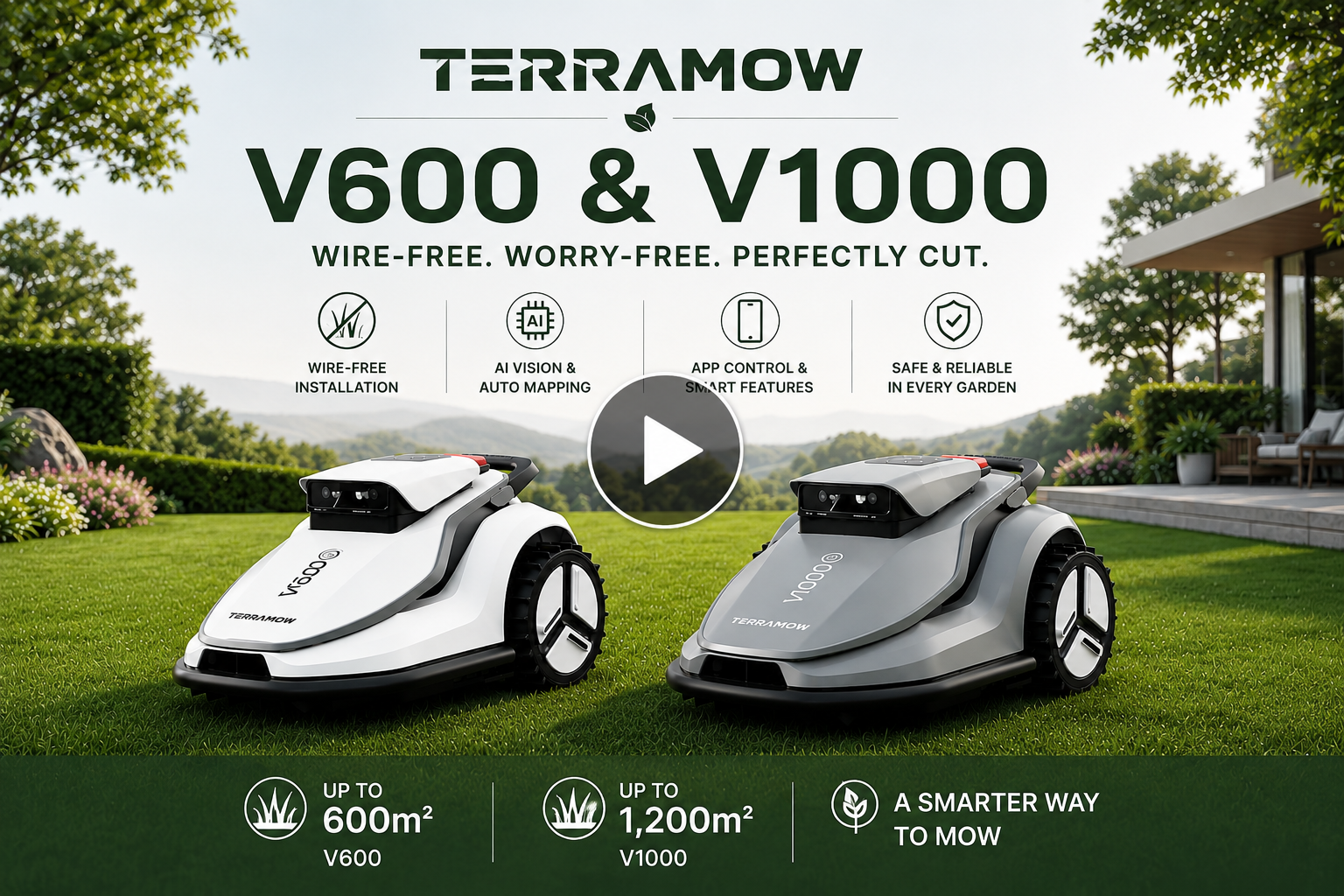 Load video: TerraMow V600 and V1000 robot lawn mowers operating in a garden